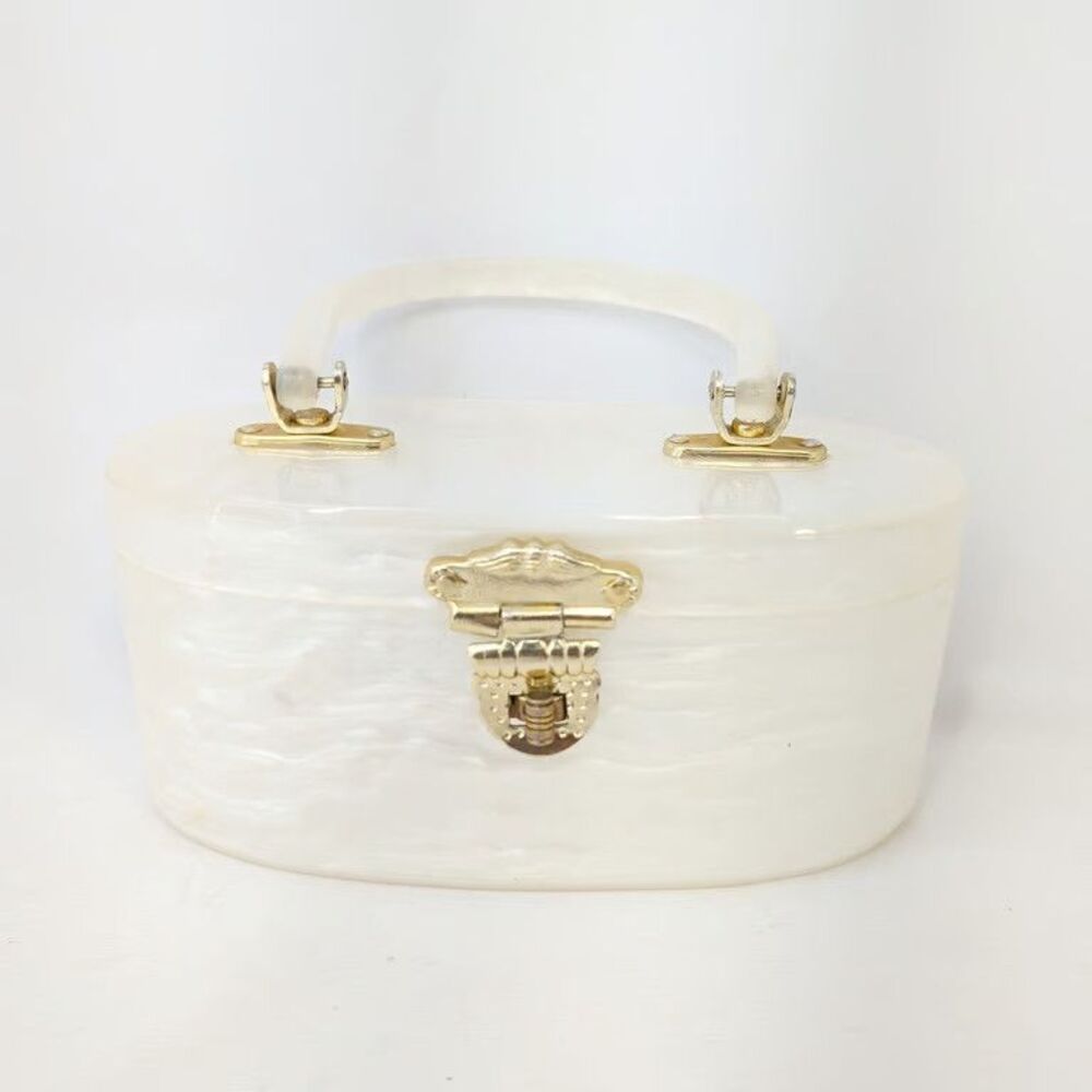 Vintage Lucite Box Purse Pearlescent White Top Handle Handbag 50s 60s Rockabilly